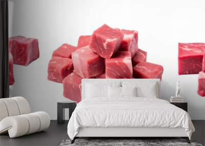 Collection of PNG. Cubes of raw beef meat isolated on a transparent background. Wall mural