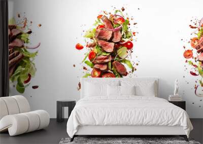 Collection of PNG. Falling steak salad ingredients, sliced beefsteak, food packaging concept isolated on a transparent background. Wall mural