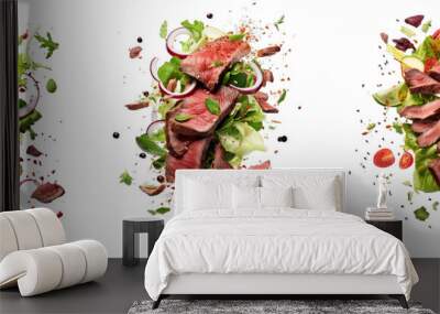 Collection of PNG. Falling steak salad ingredients, sliced beefsteak, food packaging concept isolated on a transparent background. Wall mural