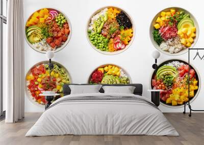 Collection of PNG. Hawaiian poke bowl tuna, salmon, shrimp with avocado, mango, radish, rice and other ingredients. Top view isolated on a transparent background. Wall mural