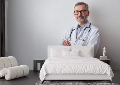 Mature doctor in the white coat uniform. banner poster and copy space isolated on white background. Wall mural