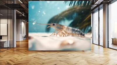 A shrimp swims in the water in the ocean or sea, close up of the shrimp. Shrimp on a summer background. generative ai Wall mural