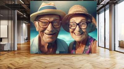 An old gray-haired man and a woman near pool on vacation smiling at the camera, wearing glasses and hats, the joy of retirement. generative ai. Wall mural