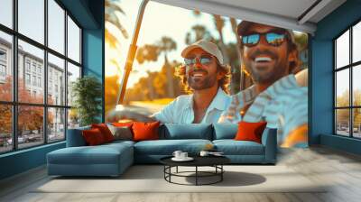 People on the golf course happy and smiling looking at the camera, sport golf and entertainment on the background of the sunset. Two friends of a business man in a golf car. generative ai Wall mural