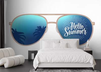 Aviator modern sunglasses with palms reflection and Hello Summer hand drawn lettering with rays. Vector color flat illustration isolated on white background. For oster and banner Wall mural