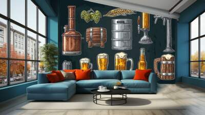 Beer set with tap, class, can, bottle and tanks from brewery factory. Wall mural