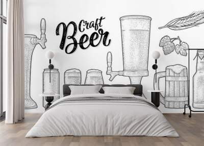 Beer set with wood mug, tap, glass, hop, bottle. Engraving Wall mural