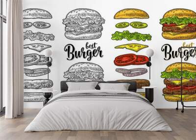 Burger with flying ingredients on white background. Vector black vintage engraving Wall mural