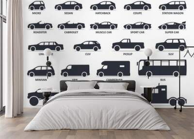 Car type icons set. Model automobile. Vector black illustration Wall mural