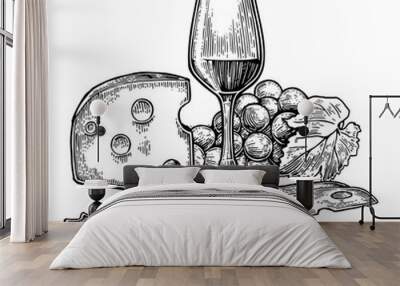 Cheese and wine set. Bottle, glass, bunch of grapes and knife. Wall mural