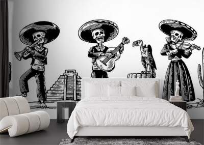 Day of the Dead, Dia de los Muertos. The skeleton in the Mexican national costumes dance, sing and play the guitar. Wall mural