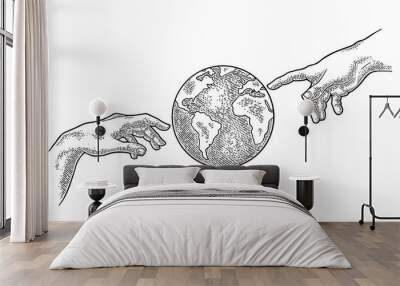 Earth planet globe. Vector black vintage engraving illustration Wall mural