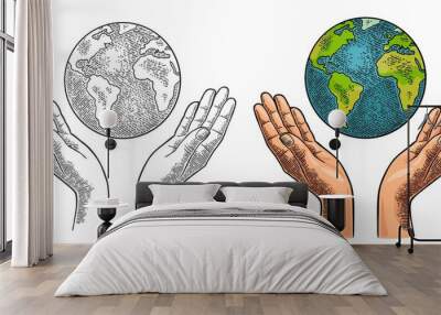 Earth planet in open female human palms. Vector black vintage engrav Wall mural