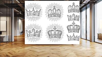 Four different king crowns. Engraving vintage vector black illustration. Wall mural