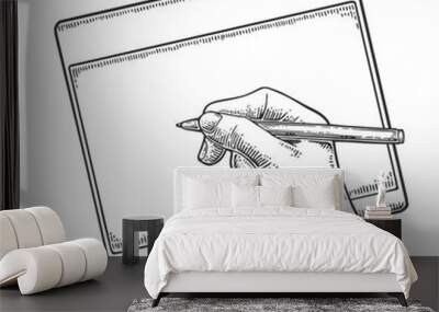 Hand writes on the tablet stylus. Vector black vintage engraving Wall mural