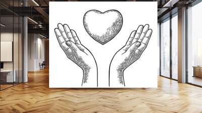 Heart in open female human palms. Vector black vintage engrav Wall mural