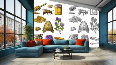 honey set. jars of honey, bee, hive, clover, honeycomb. vector vintage engraved illustration Wall mural