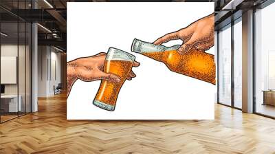 Male finger pouring beer from bottle into glass. The Creation of Adam. Wall mural