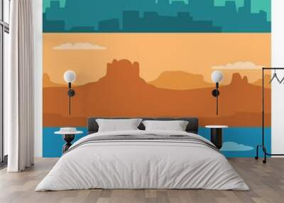 Panorama night city, day sea and sunset mountain. Wall mural