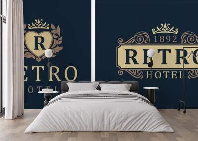 Retro Hotel. Letter emblem R in heart with crown. Luxury logotype template calligraphic ornament lines. Vector icon for the hotel, restaurant royalty jewelry Wall mural