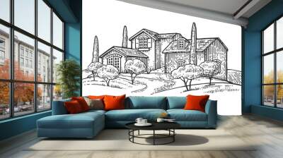 Rural landscape with villa or farm with field, olive tree and cypress Wall mural