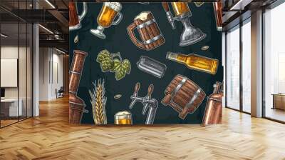 Seamless pattern beer tap, class, can, bottle and hop. Wall mural