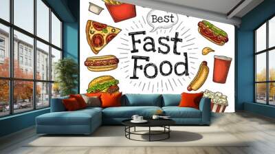 Set fast food. Coffee, hamburger, pizza, hotdog, fry potato, popcorn Wall mural