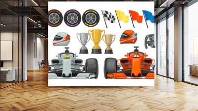 Set race flat icons. Helmet, champagne, cup, flag Wall mural