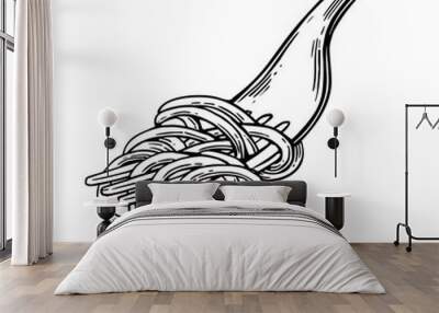 spaghetti on fork. vector vintage black illustration isolated on white background. Wall mural