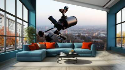 A professional newtonian telescope mounted on a tripod, looking at a major city at sunset Wall mural