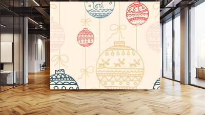 Christmas seamless pattern with Christmas balls in pastel colors and red. Christmas toys print in scandi style with elk or deer Wall mural