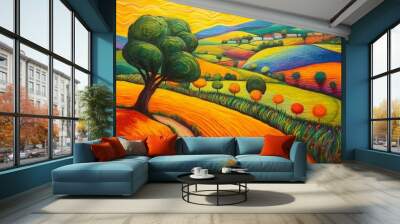 Vibrant oil pastel artwork depicting a stylized countryside landscape. Captivating and picturesque. Generative AI Wall mural