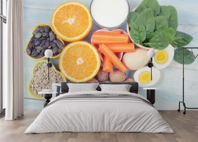 Ingredients containing vitamins B1 (thiamine). Healthy eating concept. Wall mural