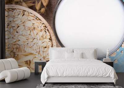 Oat and oat milk. Healthy breakfast, healthy eating concept. Wall mural