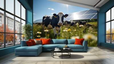 cow in front, solar panel in background, Animal meets technologie, renewable power source, green energy from sun Wall mural