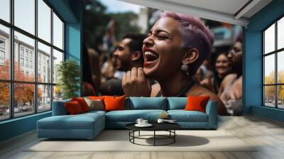 Crowd celebrating gay pride, Multiracial people laughing woman lgbtq Wall mural