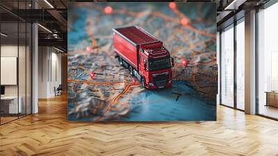 Delivery Truck on map, freight transportation, packages shipment and shipping, logistics GPS, top view Wall mural