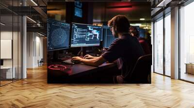 Intense Collaborative Effort: Two Software Engineers Debugging Complex Code on their Workstations, Profoundly Focused in a Dynamic Workspace Wall mural