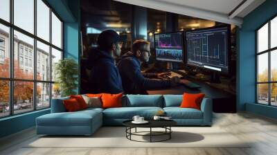 Intense Collaborative Effort: Two Software Engineers Debugging Complex Code on their Workstations, Profoundly Focused in a Dynamic Workspace Wall mural