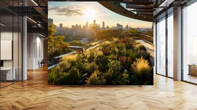 Landscape architect designing a rooftop garden for an urban building. Green urban spaces and sustainable city development. Wall mural