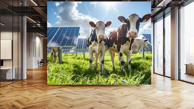 Three cows in front, solar panel in background, Animal meets technologie, renewable power source, green energy from sun Wall mural