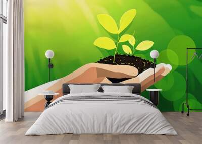 Eco earth day concept. hand holding young plant in sunshine and green nature background - AI Generative Wall mural