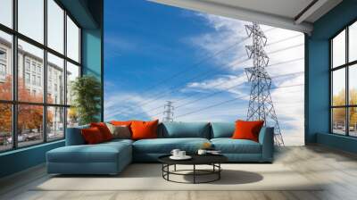 high voltage electric pole with blue sky and cloud Wall mural