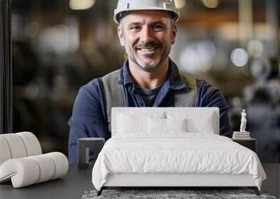 Candid shot of a smiling confident male factory worker with arms crossed, industrial construction industry Wall mural