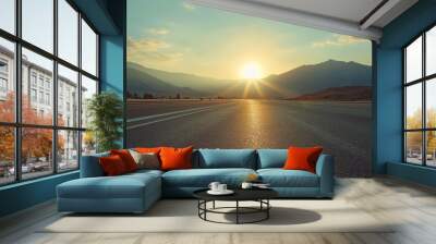 Beautiful sunrise over an open road with distant mountains, perfect for travel and nature themed projects. Wall mural