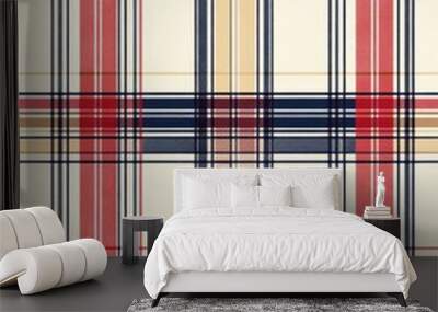 Classic plaid pattern with red, blue, and beige stripes, perfect for textile, apparel, and design projects, offering a timeless aesthetic. Wall mural