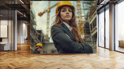 Confident female engineer in suit and hard hat supervising a construction site. Industrial background with cranes and workers in hard hats. Wall mural