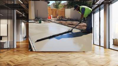 Construction worker leveling concrete surface in backyard, creating smooth patio foundation on sunny day. Wall mural