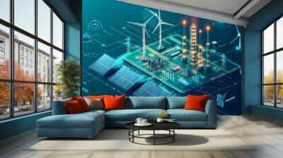 Innovative smart city energy grid with wind turbines, solar panels, and futuristic technology integration concept illustration Wall mural