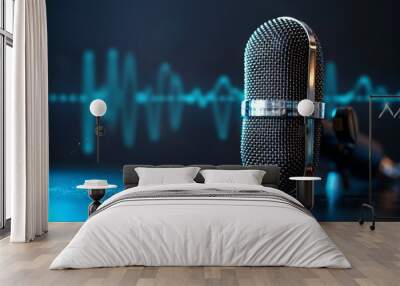 Microphone with waveform on blue background, broadcasting or podcasting banner Wall mural